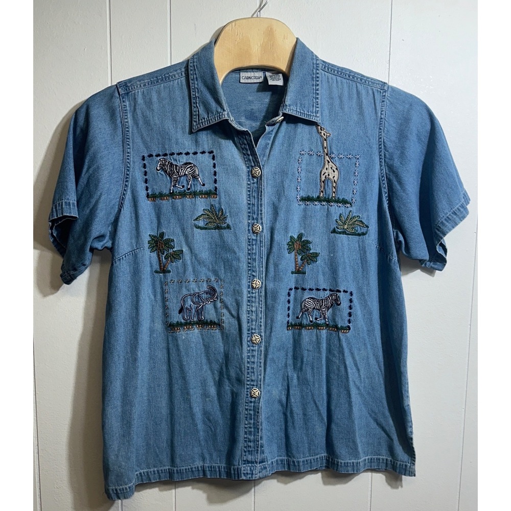 Cabin Creek Womens 2X‎ Denim Shirt Safari Animal Embroidered Short Sleeve Blue